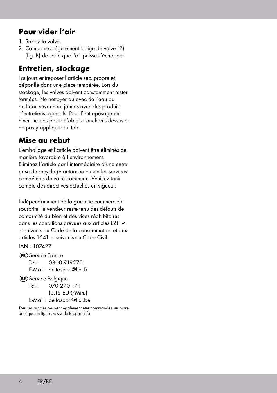 Pour vider l‘air, Entretien, stockage, Mise au rebut | Crivit WH-2097 User Manual | Page 6 / 16