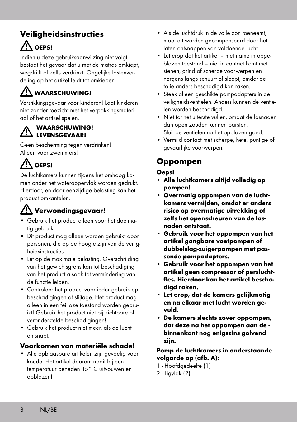 Veiligheidsinstructies, Oppompen | Crivit WH-2097 User Manual | Page 8 / 16