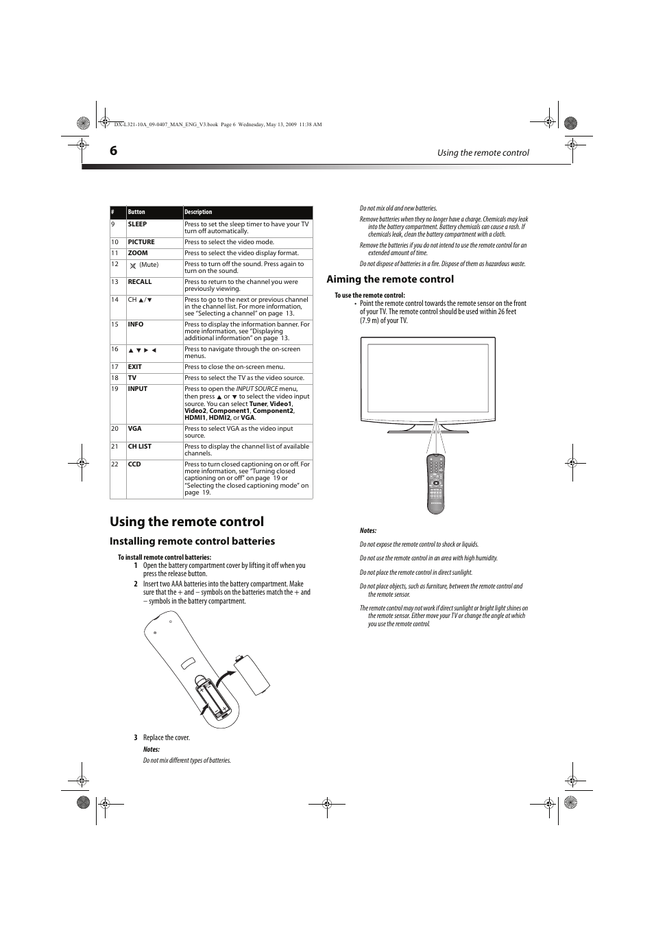 Using the remote control, Installing remote control batteries, Aiming the remote control | Dynex DX-L321-10A User Manual | Page 10 / 32