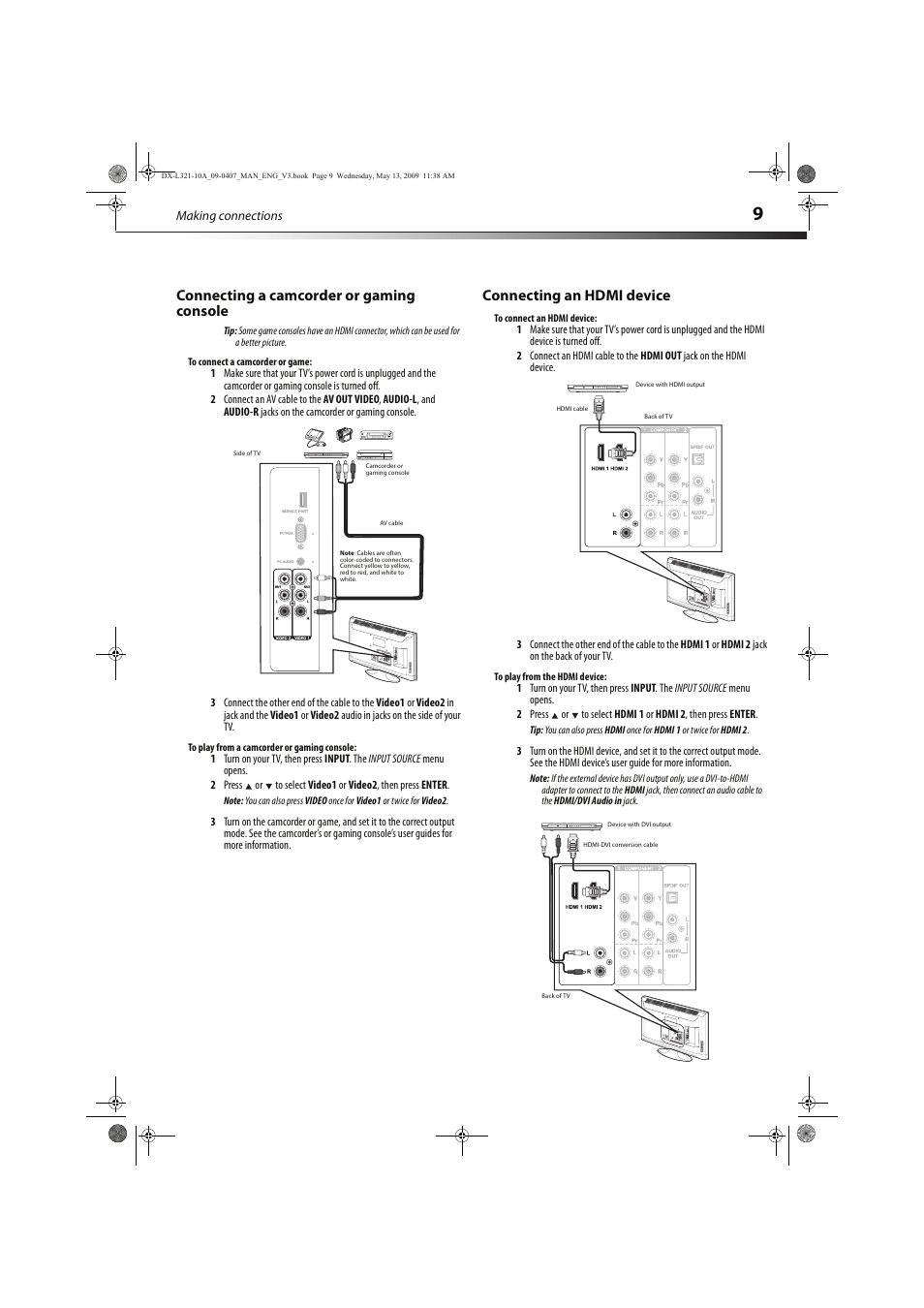 Connecting a camcorder or gaming console, Connecting an hdmi device | Dynex DX-L321-10A User Manual | Page 13 / 32