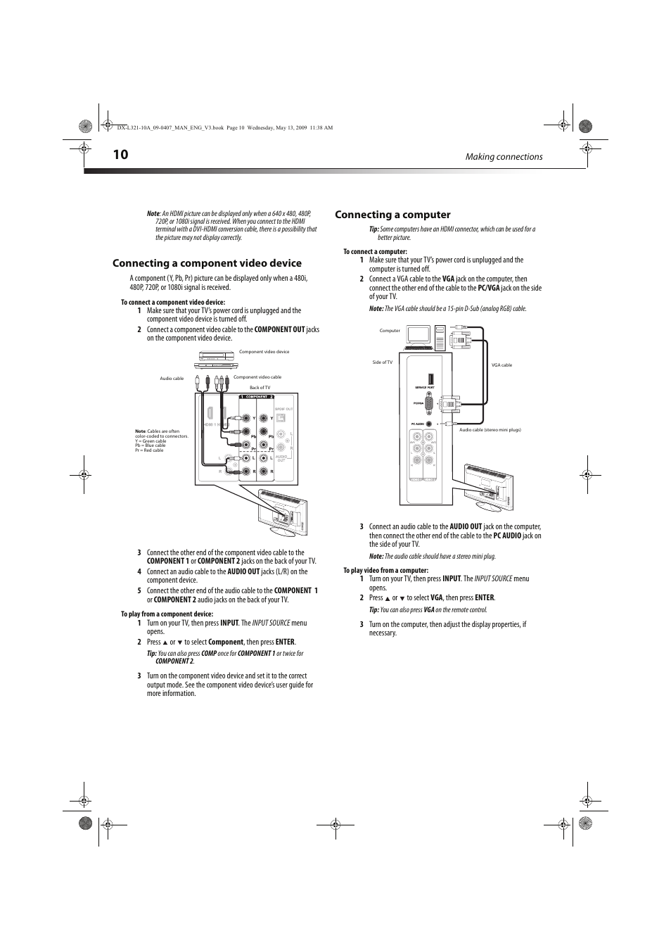 Connecting a component video device, Connecting a computer | Dynex DX-L321-10A User Manual | Page 14 / 32