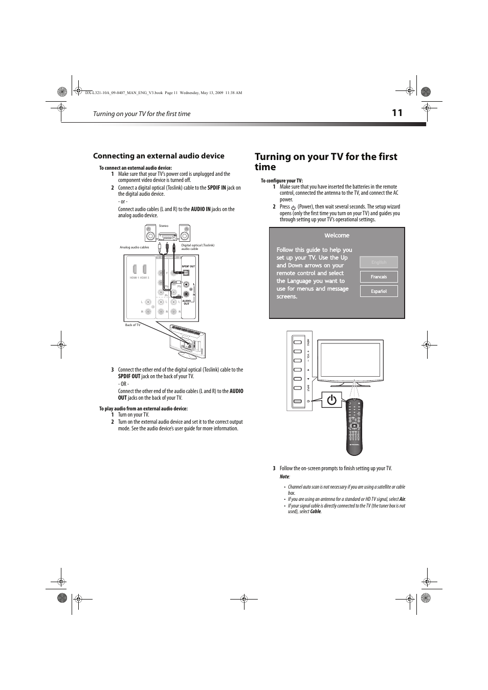 Turning on your tv for the first time, Connecting an external audio device | Dynex DX-L321-10A User Manual | Page 15 / 32