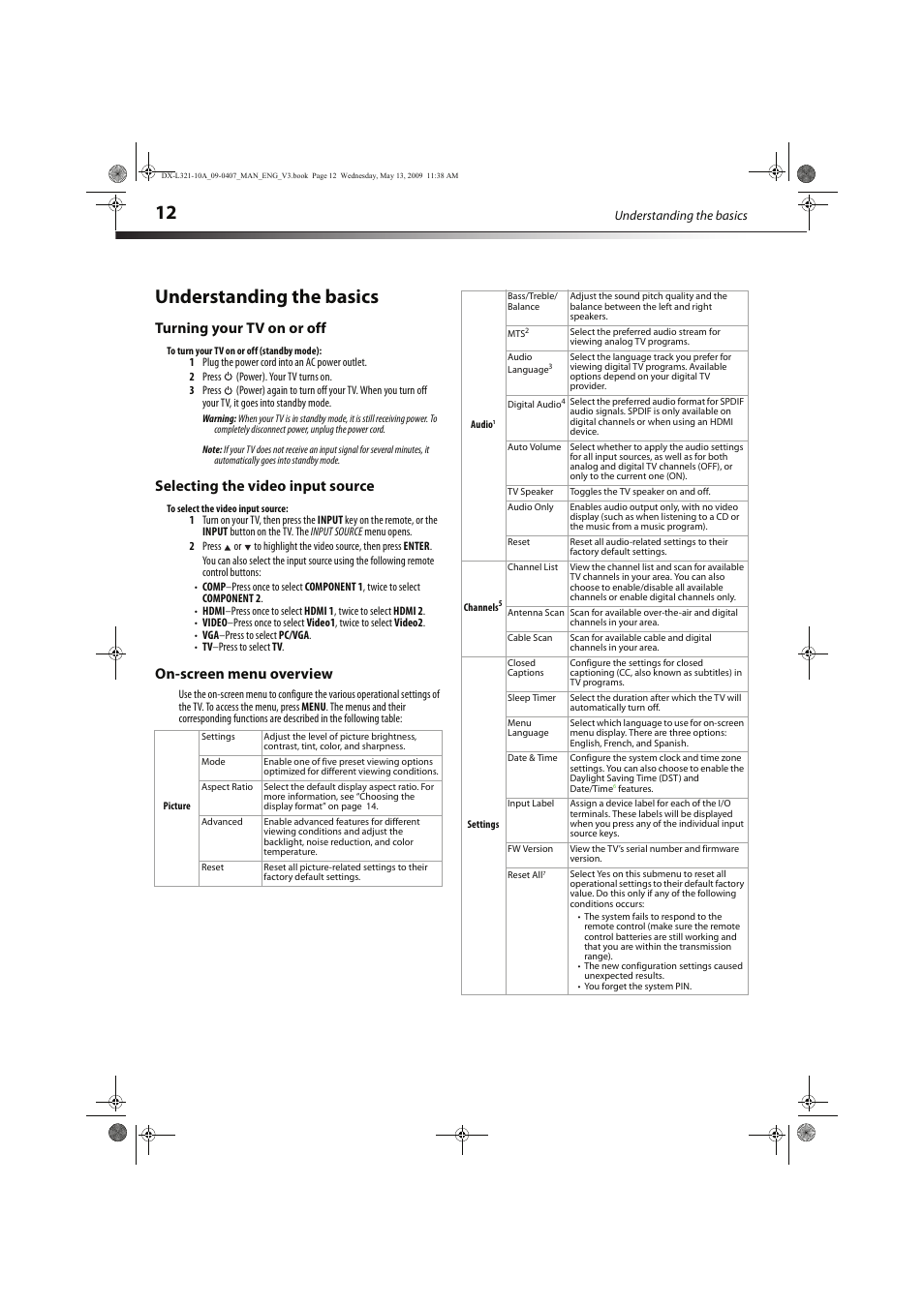 Understanding the basics, Turning your tv on or off, Selecting the video input source | On-screen menu overview | Dynex DX-L321-10A User Manual | Page 16 / 32