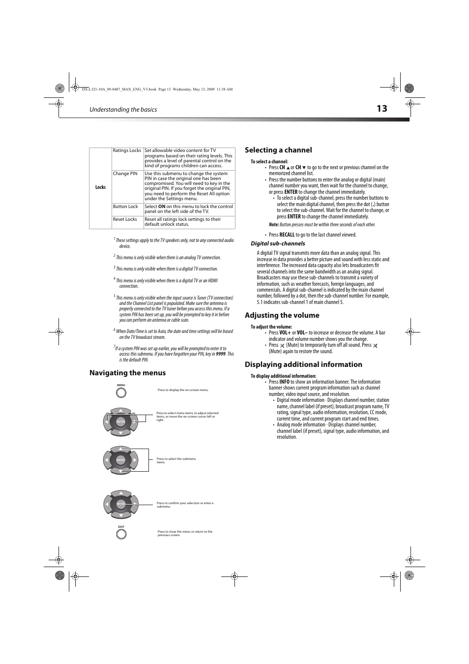 Navigating the menus selecting a channel, Adjusting the volume, Displaying additional information | Dynex DX-L321-10A User Manual | Page 17 / 32