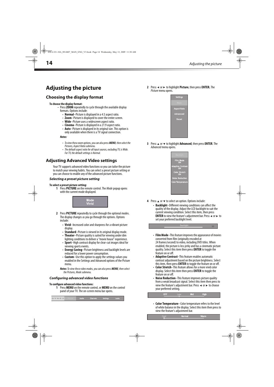 Adjusting the picture | Dynex DX-L321-10A User Manual | Page 18 / 32