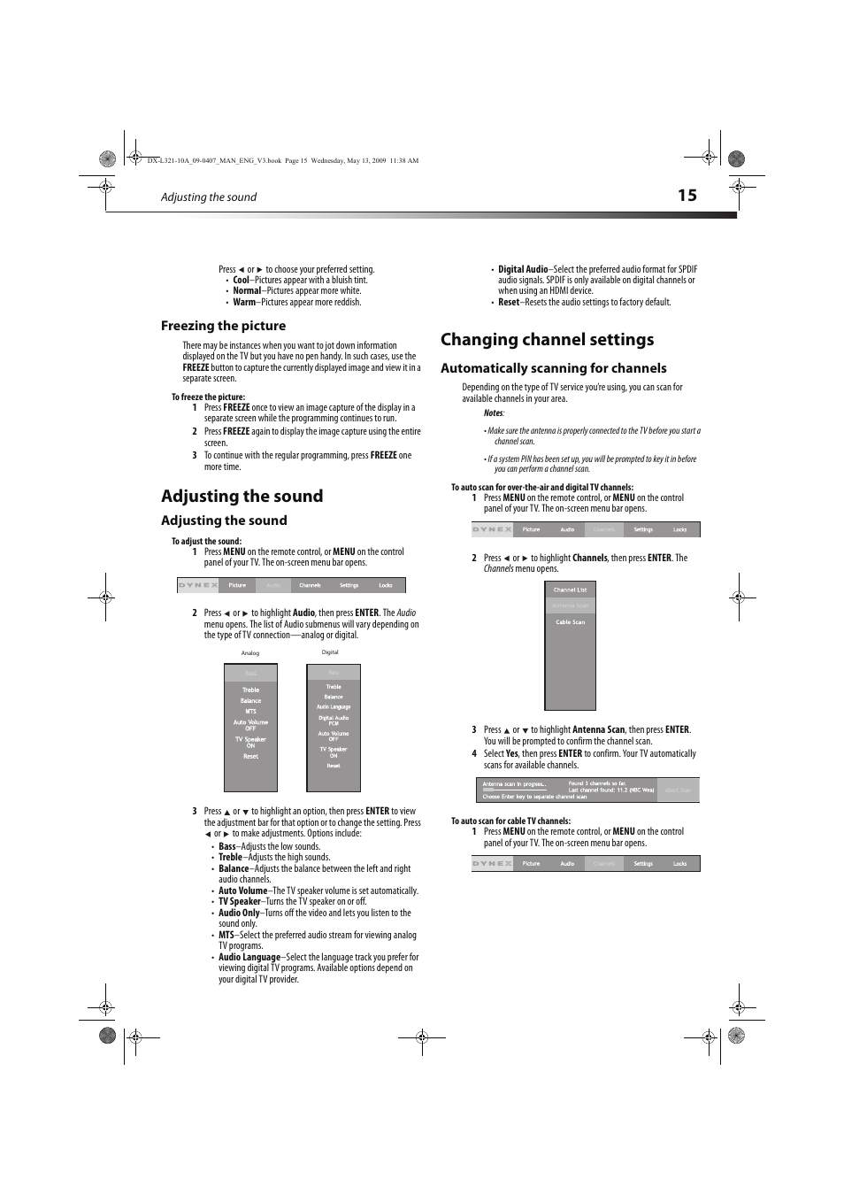 Adjusting the sound, Changing channel settings | Dynex DX-L321-10A User Manual | Page 19 / 32