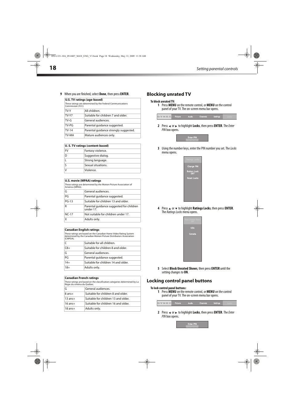 Blocking unrated tv, Locking control panel buttons | Dynex DX-L321-10A User Manual | Page 22 / 32