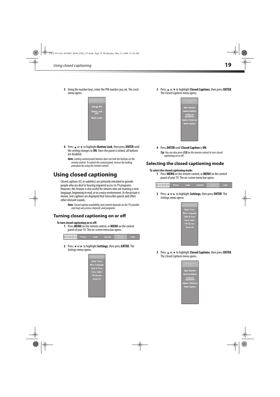 Using closed captioning | Dynex DX-L321-10A User Manual | Page 23 / 32