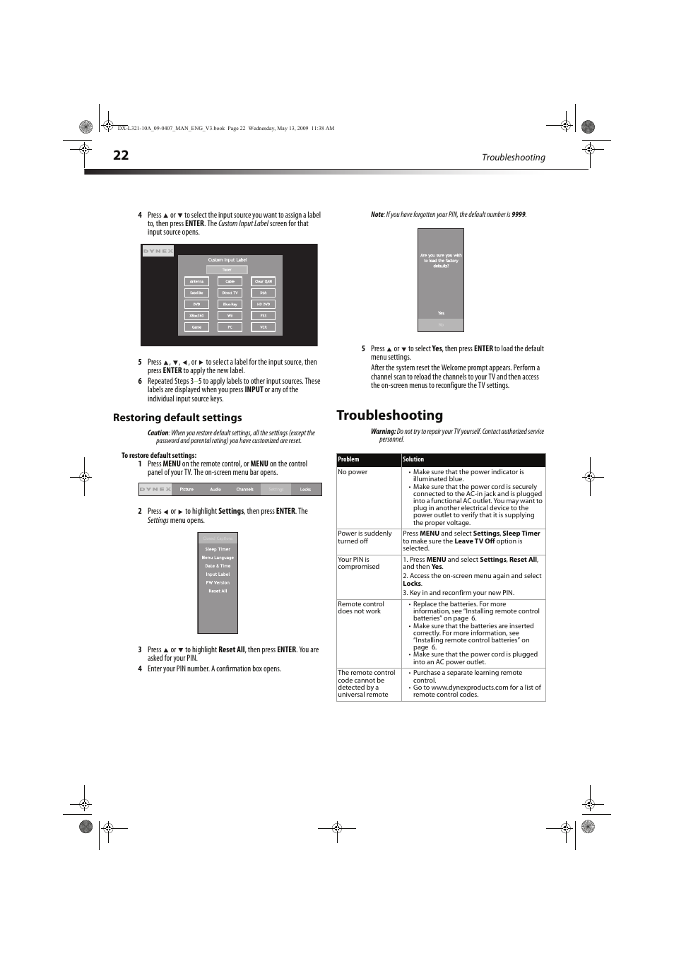 Troubleshooting, Restoring default settings | Dynex DX-L321-10A User Manual | Page 26 / 32