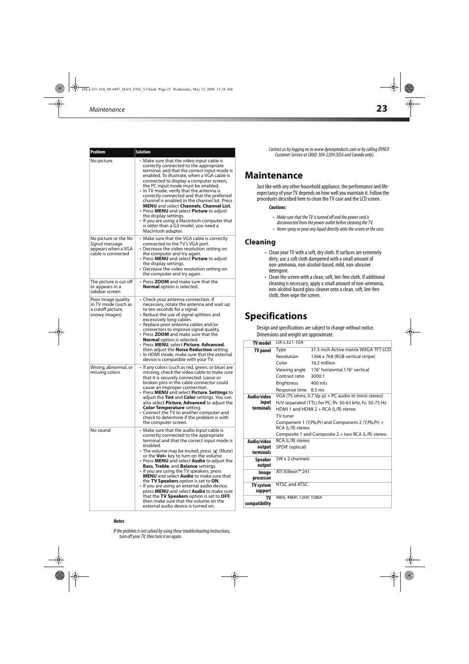 Maintenance, Specifications, Cleaning | Dynex DX-L321-10A User Manual | Page 27 / 32