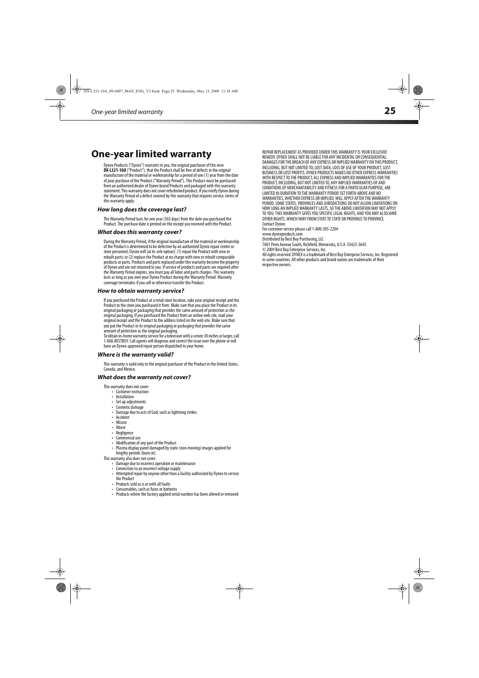 25 one-year limited warranty | Dynex DX-L321-10A User Manual | Page 29 / 32