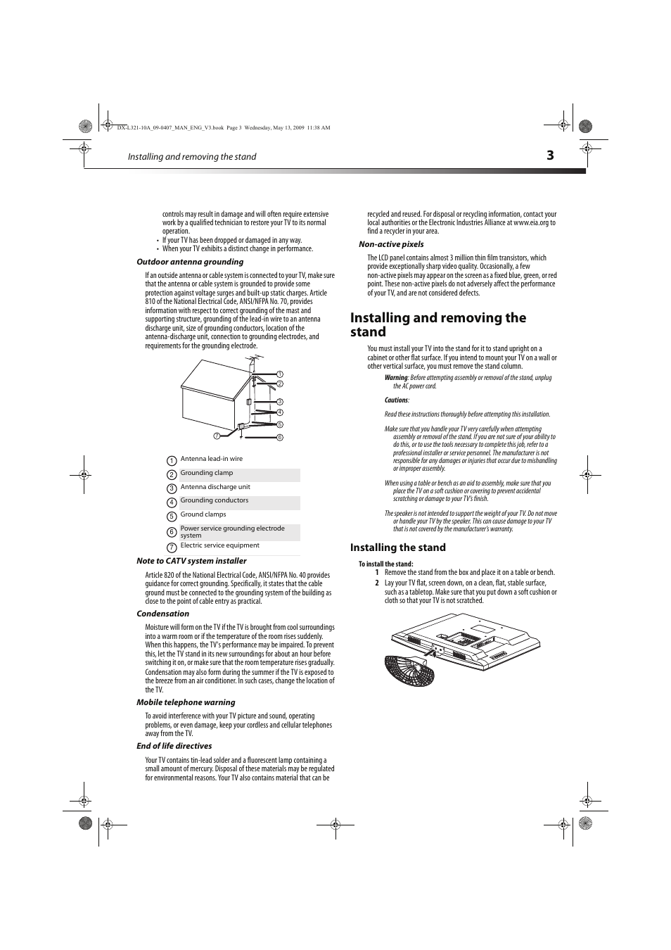 Installing and removing the stand, Installing the stand | Dynex DX-L321-10A User Manual | Page 7 / 32