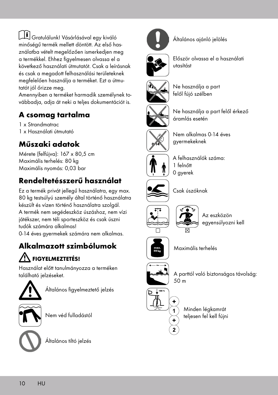 A csomag tartalma, Műszaki adatok, Rendeltetésszerű használat | Alkalmazott szimbólumok | Crivit WH-2097 User Manual | Page 10 / 28