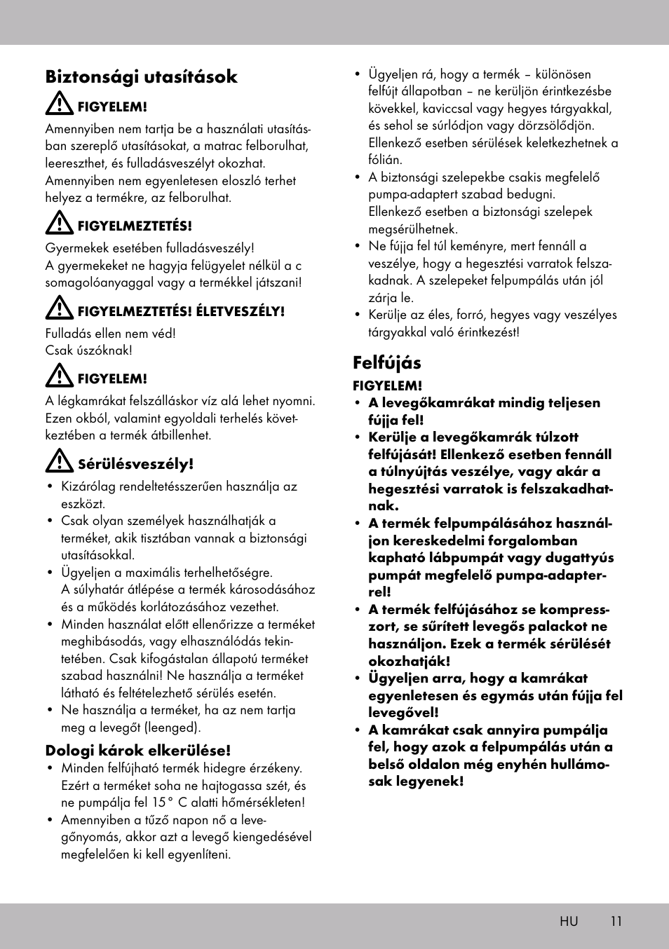 Biztonsági utasítások, Felfújás | Crivit WH-2097 User Manual | Page 11 / 28