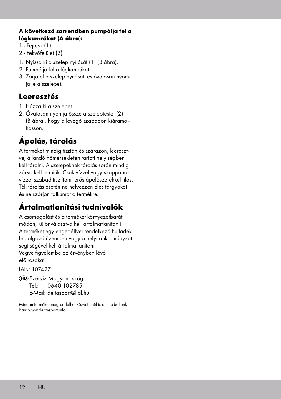 Leeresztés, Ápolás, tárolás, Ártalmatlanítási tudnivalók | Crivit WH-2097 User Manual | Page 12 / 28