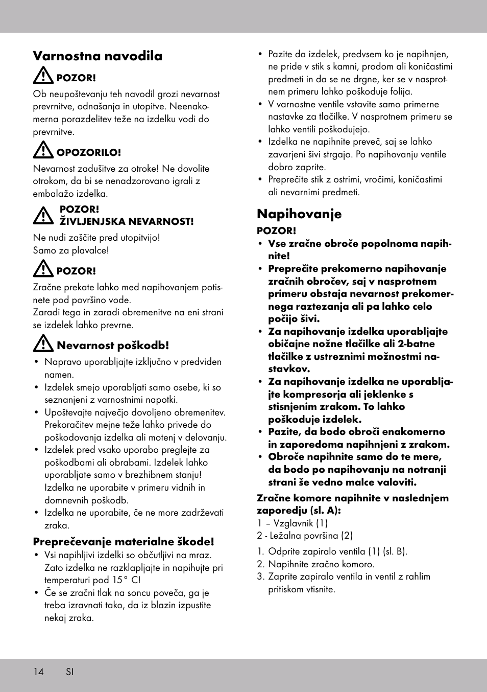 Varnostna navodila, Napihovanje | Crivit WH-2097 User Manual | Page 14 / 28