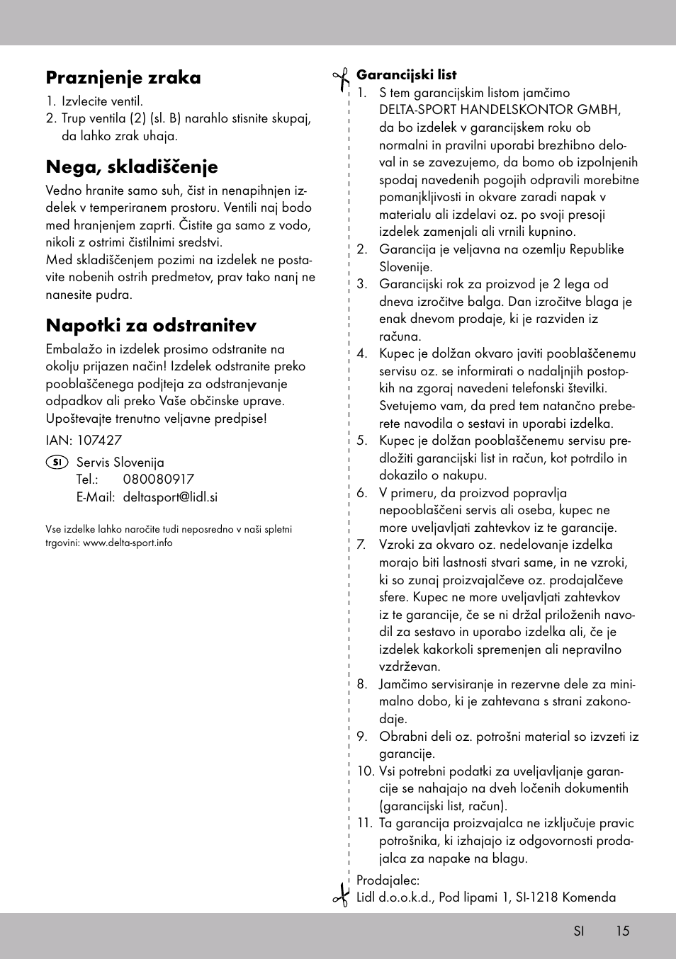 Praznjenje zraka, Nega, skladiščenje, Napotki za odstranitev | Crivit WH-2097 User Manual | Page 15 / 28