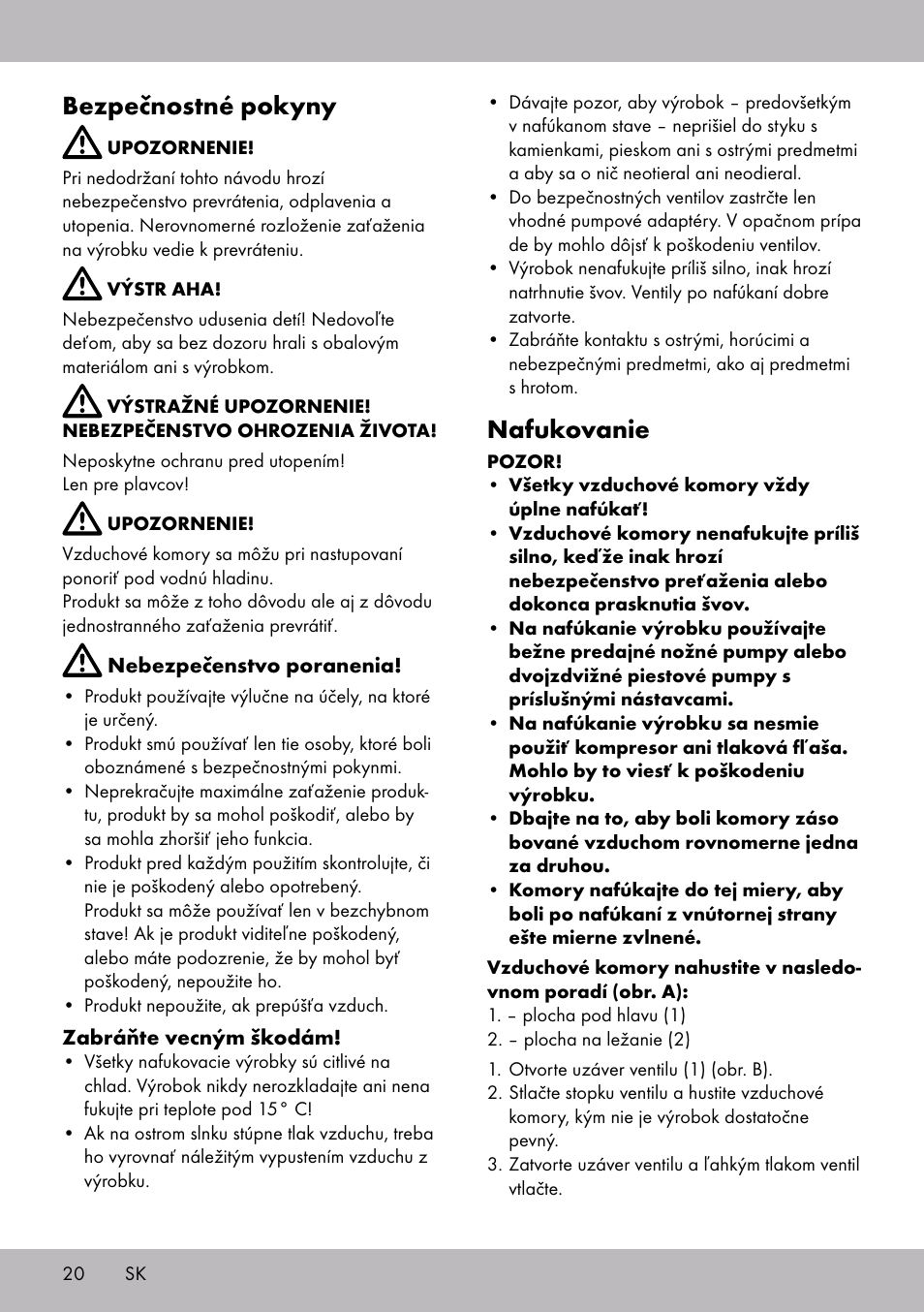 Bezpečnostné pokyny, Nafukovanie | Crivit WH-2097 User Manual | Page 20 / 28