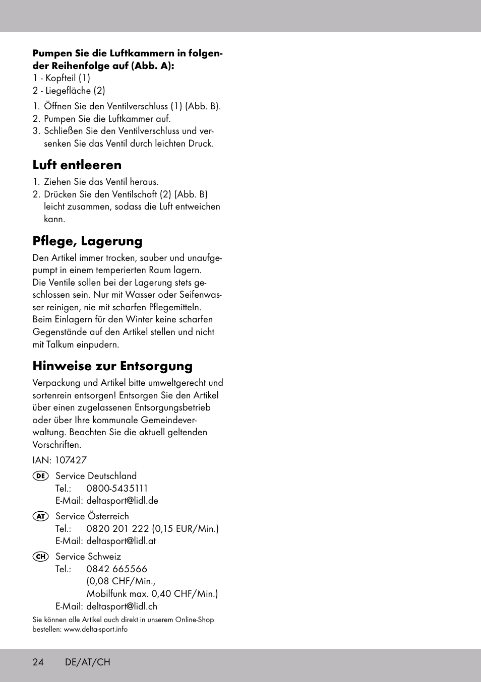 Luft entleeren, Pflege, lagerung, Hinweise zur entsorgung | Crivit WH-2097 User Manual | Page 24 / 28
