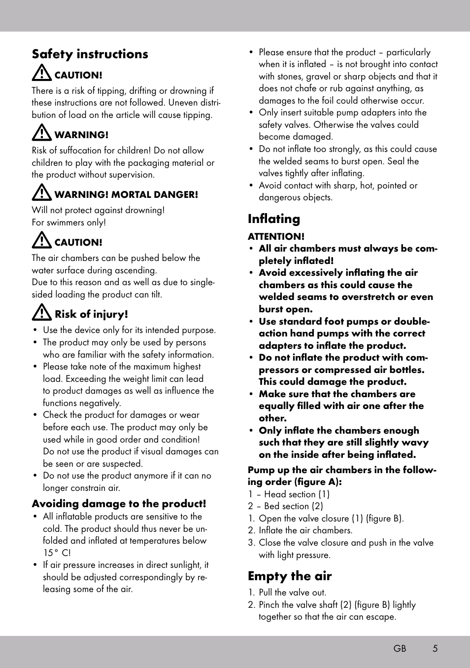 Safety instructions, Inflating, Empty the air | Crivit WH-2097 User Manual | Page 5 / 28