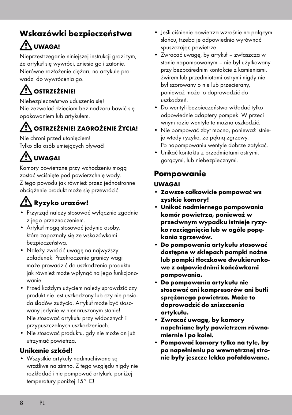 Wskazówki bezpieczeństwa, Pompowanie | Crivit WH-2097 User Manual | Page 8 / 28