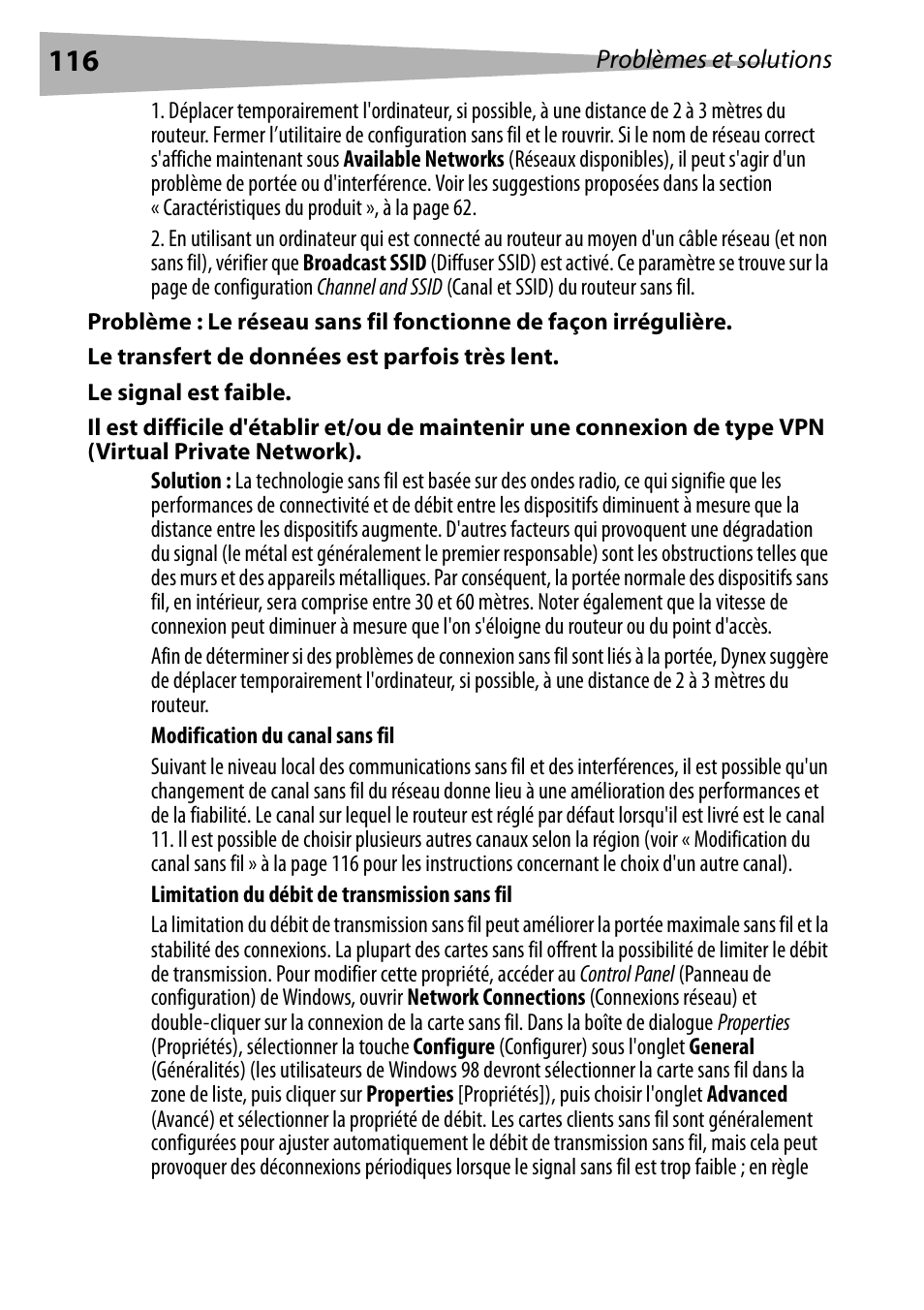 Le transfert de données est parfois très lent, Le signal est faible | Dynex DX-WGRTR User Manual | Page 116 / 196