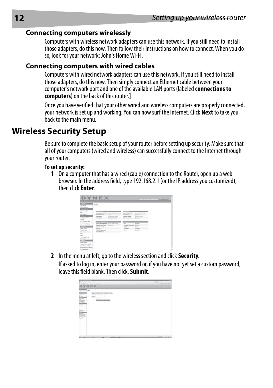 Connecting computers wirelessly, Connecting computers with wired cables, Wireless security setup | To set up security | Dynex DX-WGRTR User Manual | Page 12 / 196