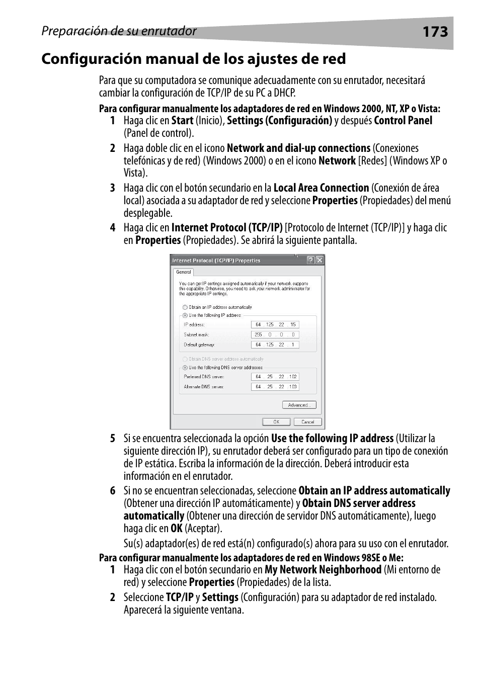 Configuración manual de los ajustes de red, Ión "configuración manual de los ajustes de red, 173 para | 173 configuración manual de los ajustes de red | Dynex DX-WGRTR User Manual | Page 173 / 196