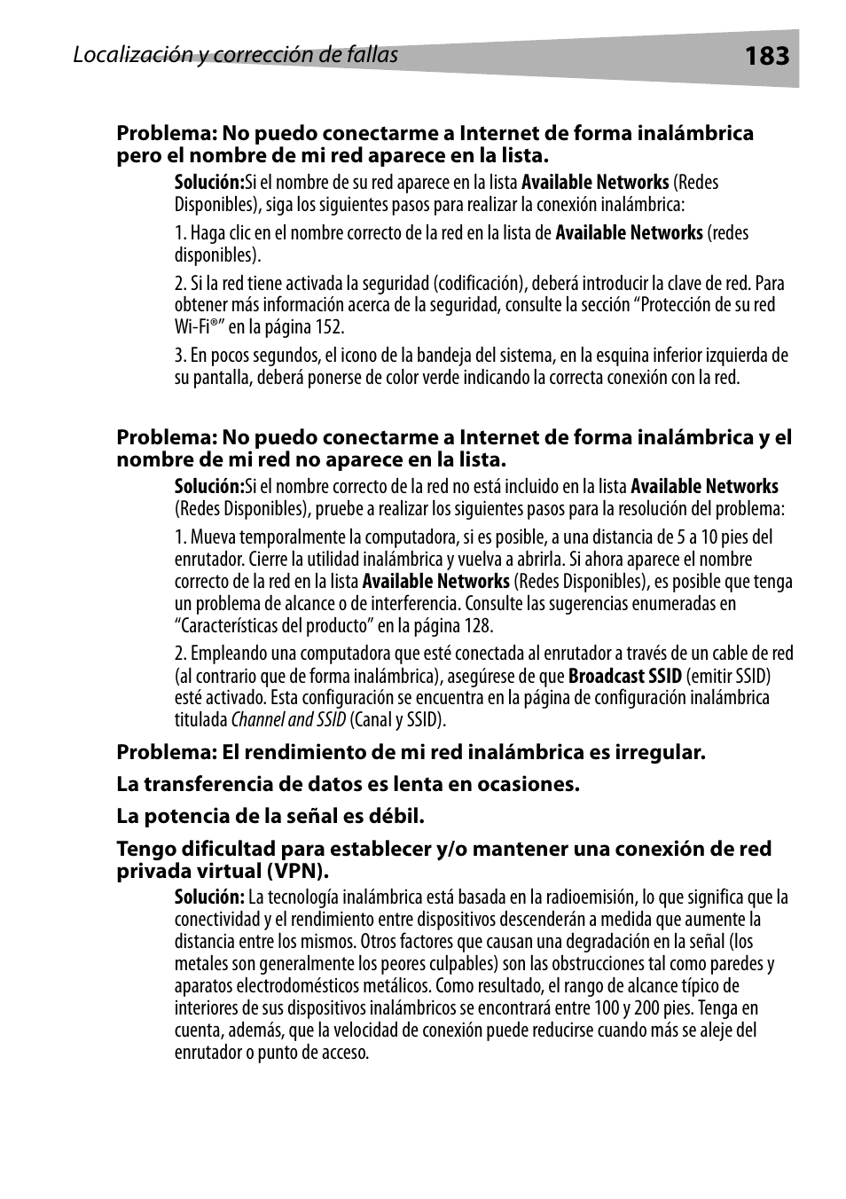 La transferencia de datos es lenta en ocasiones, La potencia de la señal es débil | Dynex DX-WGRTR User Manual | Page 183 / 196