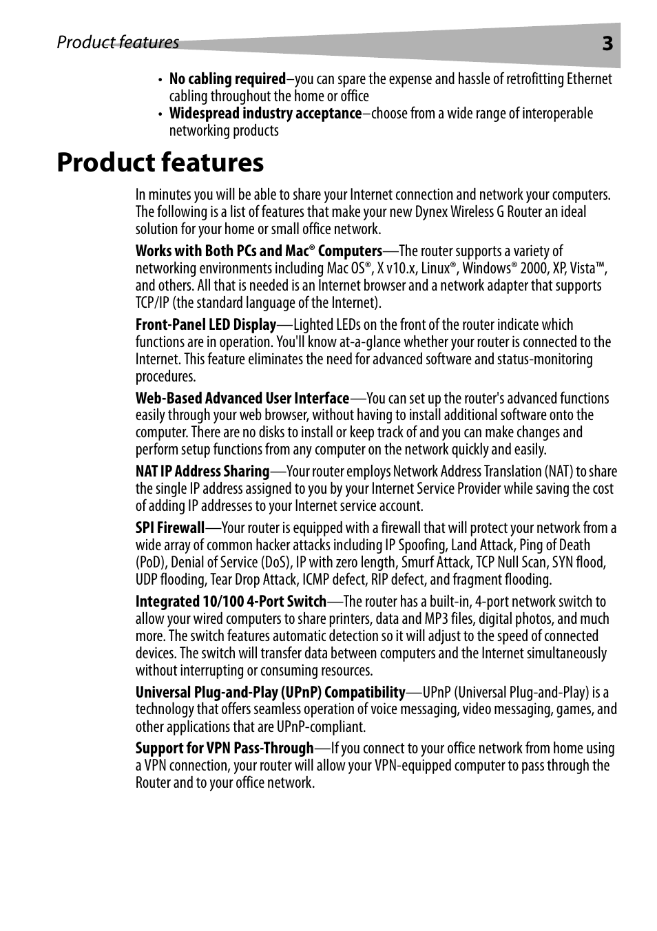 Product features, Product features” on | Dynex DX-WGRTR User Manual | Page 3 / 196