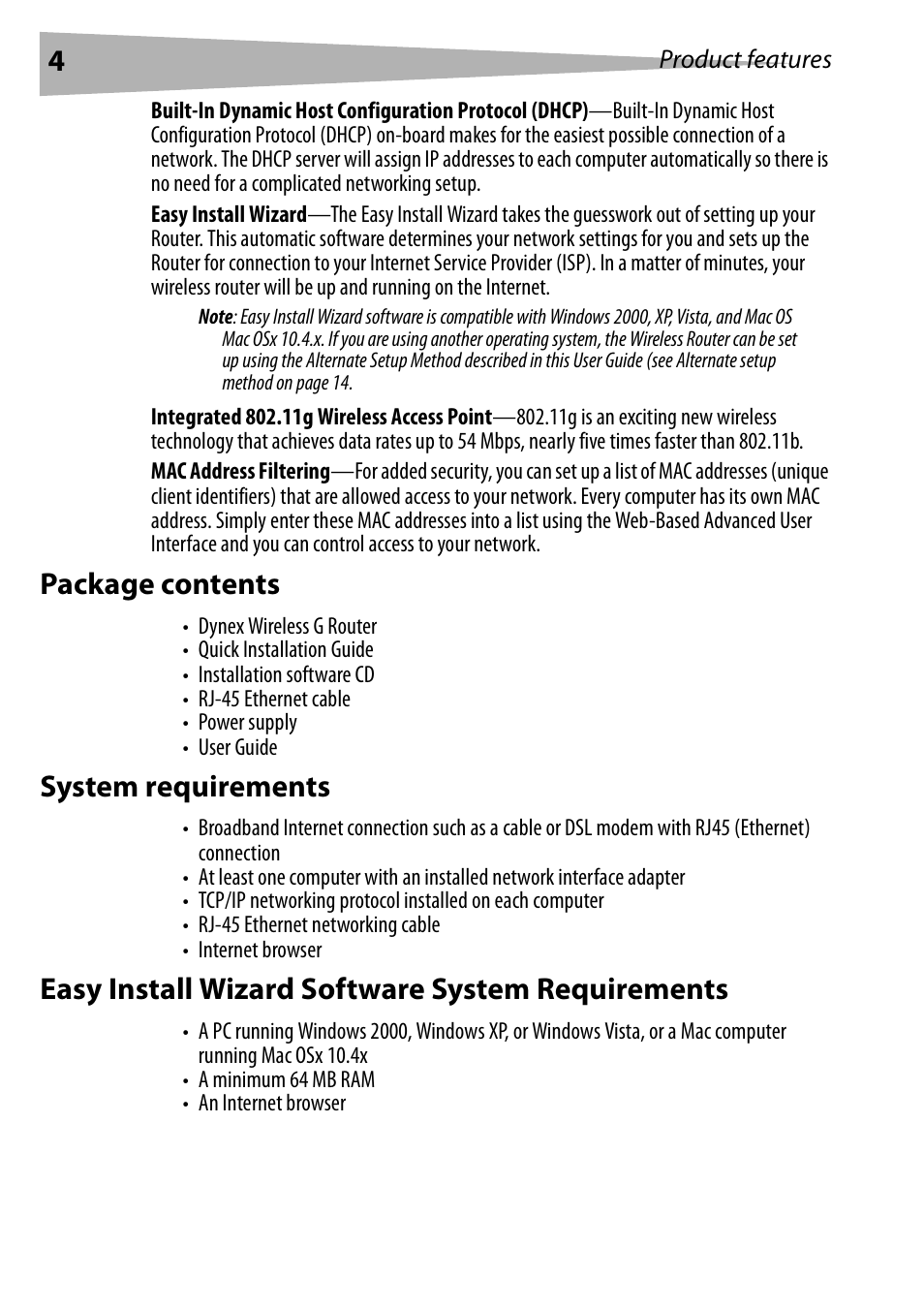 Package contents, System requirements, Easy install wizard software system requirements | Dynex DX-WGRTR User Manual | Page 4 / 196