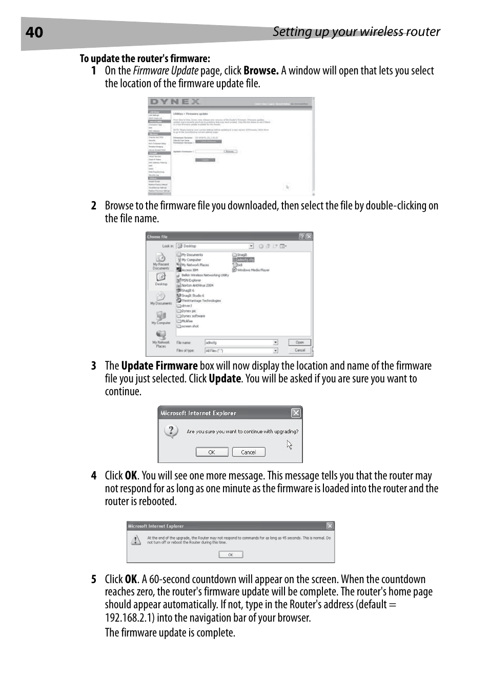 To update the router's firmware | Dynex DX-WGRTR User Manual | Page 40 / 196