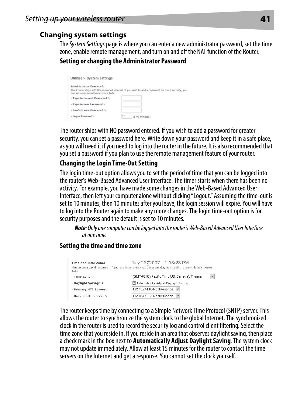 Changing system settings, Changing the login time-out setting | Dynex DX-WGRTR User Manual | Page 41 / 196