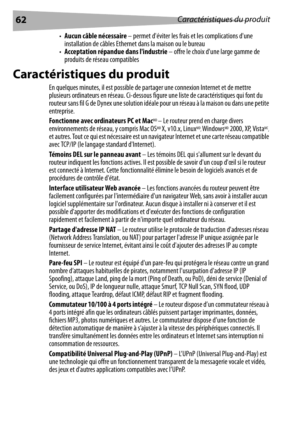 Caractéristiques du produit | Dynex DX-WGRTR User Manual | Page 62 / 196