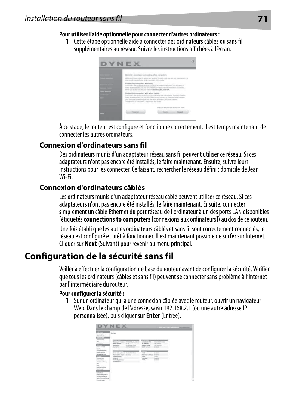 Connexion d'ordinateurs sans fil, Connexion d'ordinateurs câblés, Configuration de la sécurité sans fil | Pour configurer la sécurité | Dynex DX-WGRTR User Manual | Page 71 / 196