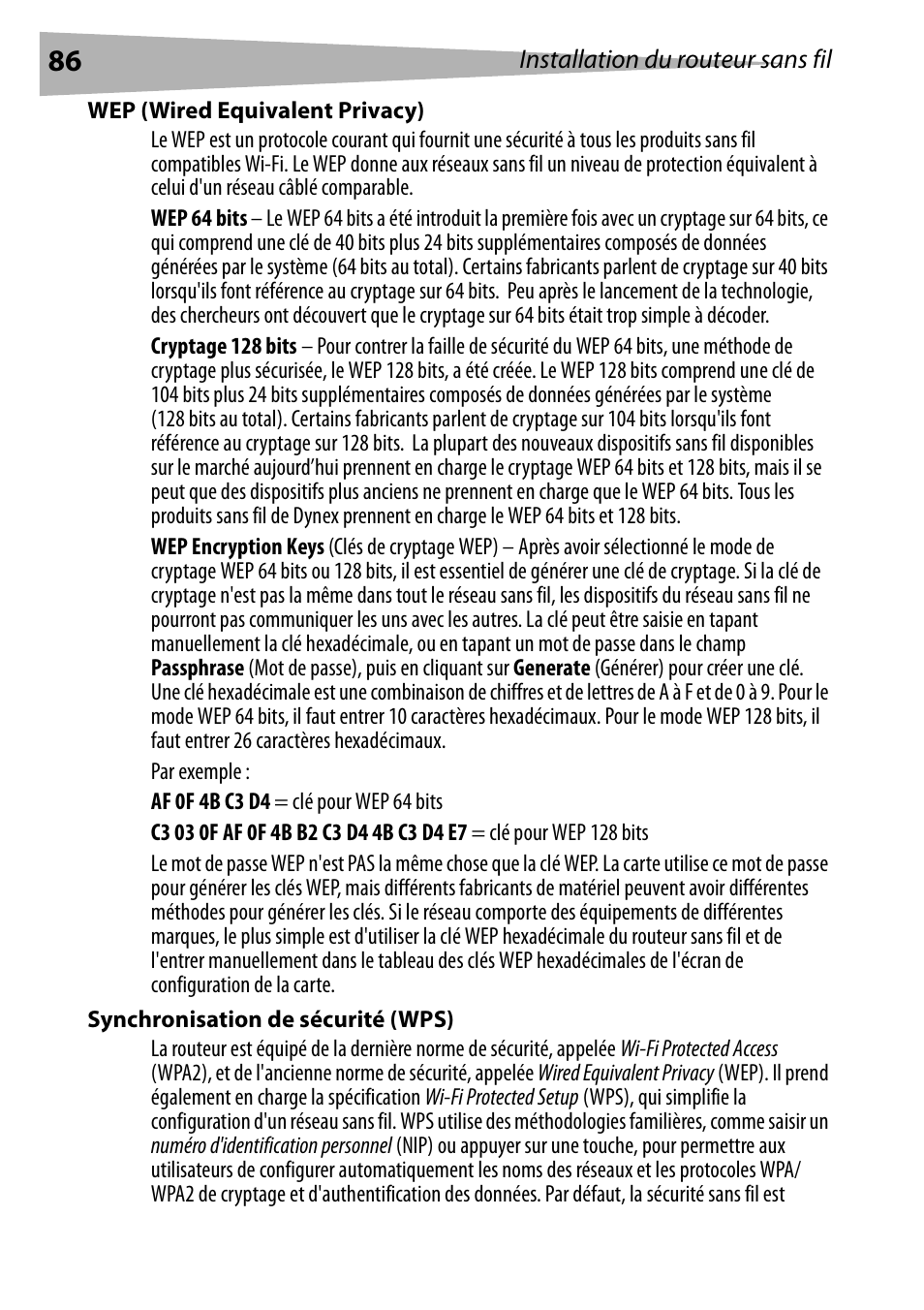 Wep (wired equivalent privacy), Synchronisation de sécurité (wps) | Dynex DX-WGRTR User Manual | Page 86 / 196