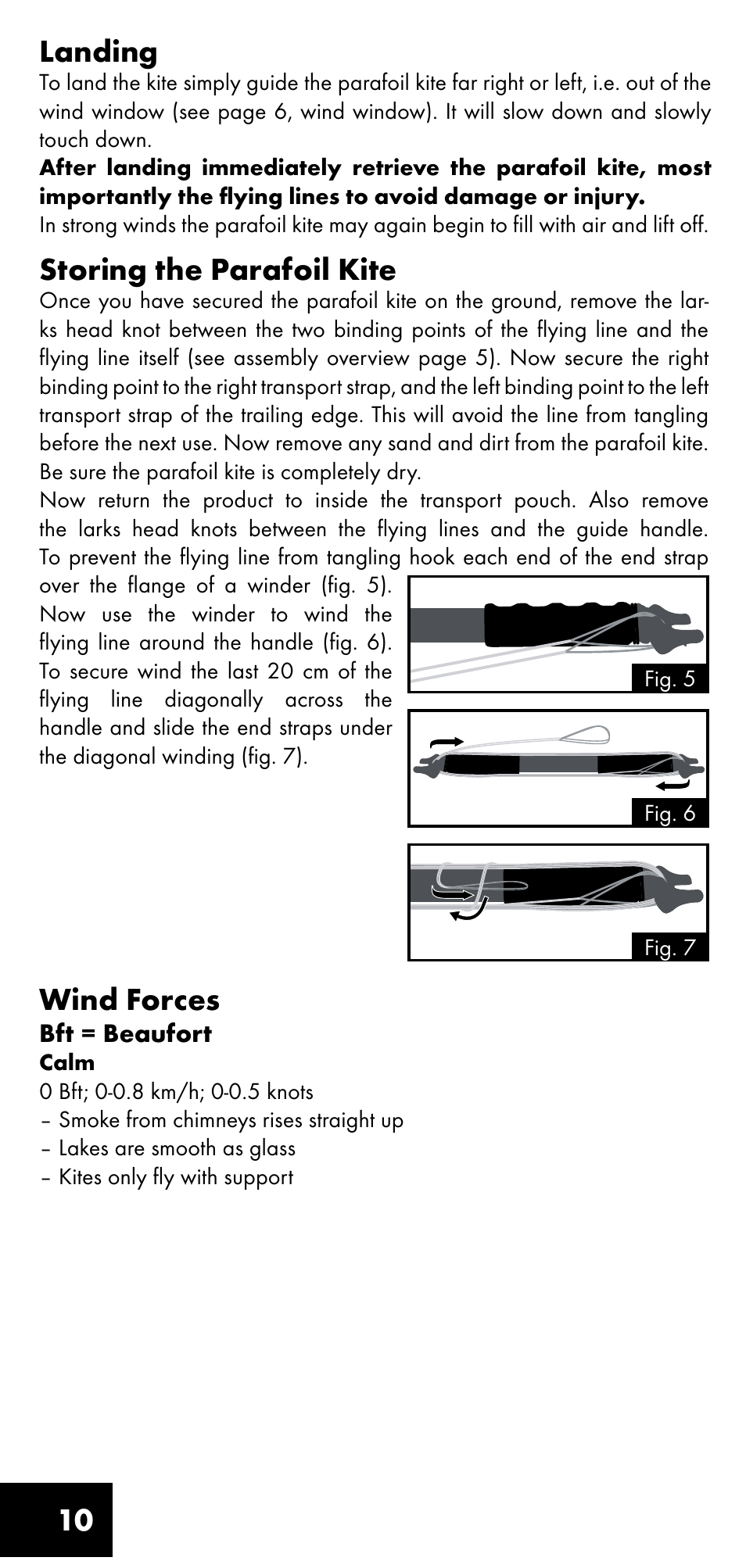 10 landing, Storing the parafoil kite, Wind forces | Crivit LM-1419 User Manual | Page 10 / 60