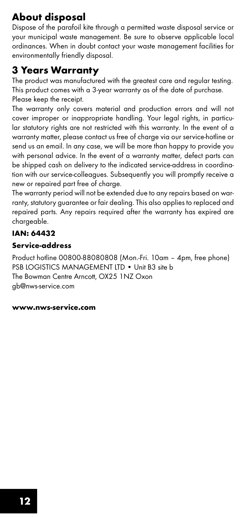 12 about disposal, 3 years warranty | Crivit LM-1419 User Manual | Page 12 / 60