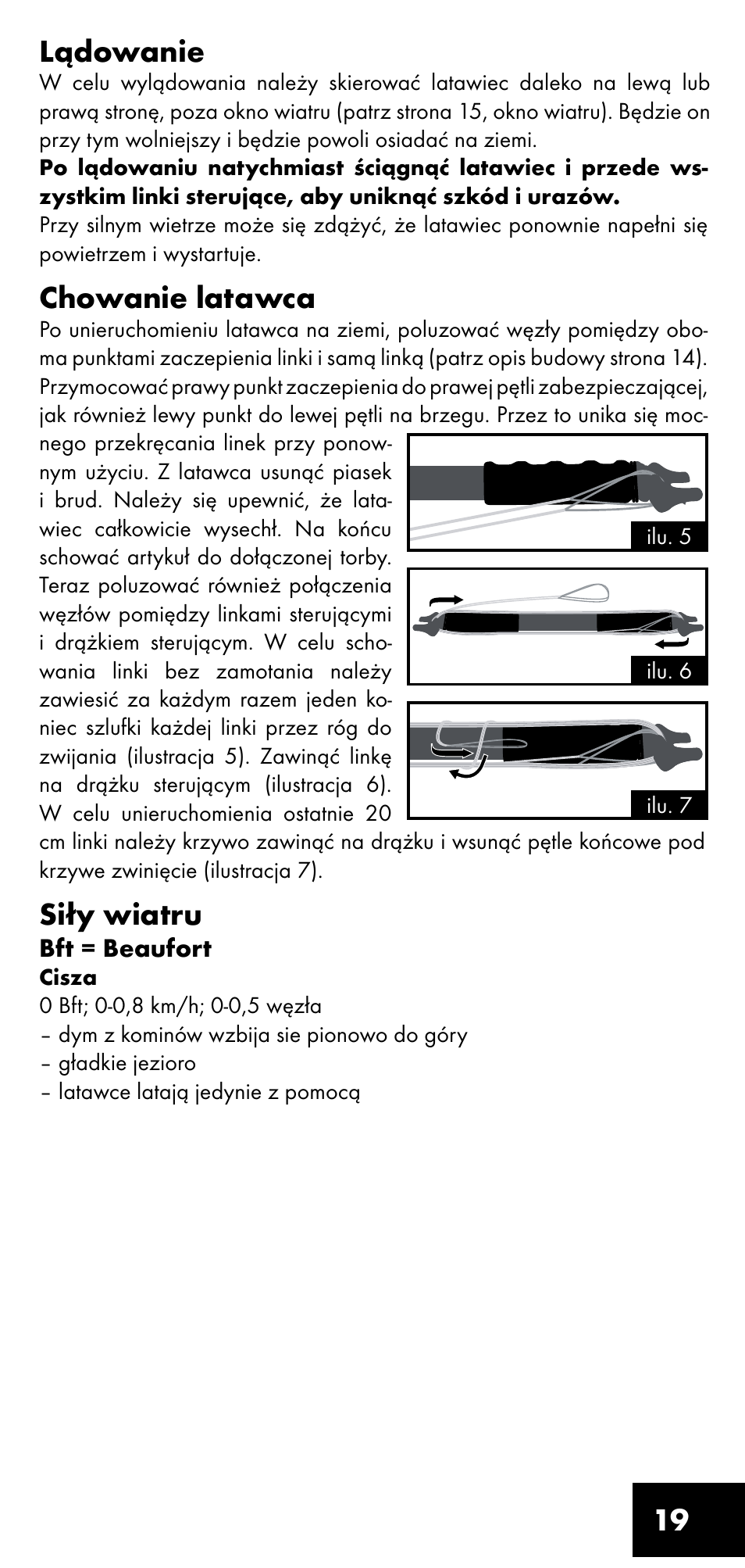 19 lądowanie, Chowanie latawca, Siły wiatru | Crivit LM-1419 User Manual | Page 19 / 60