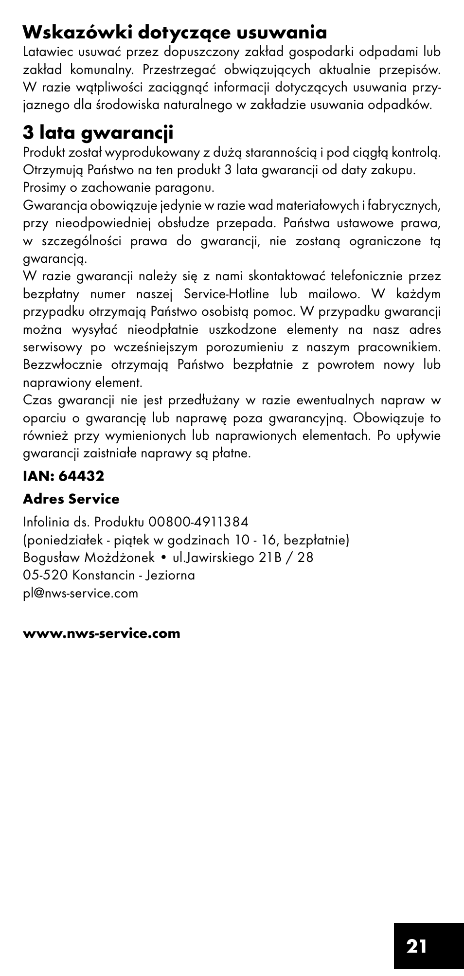 21 wskazówki dotyczące usuwania, 3 lata gwarancji | Crivit LM-1419 User Manual | Page 21 / 60