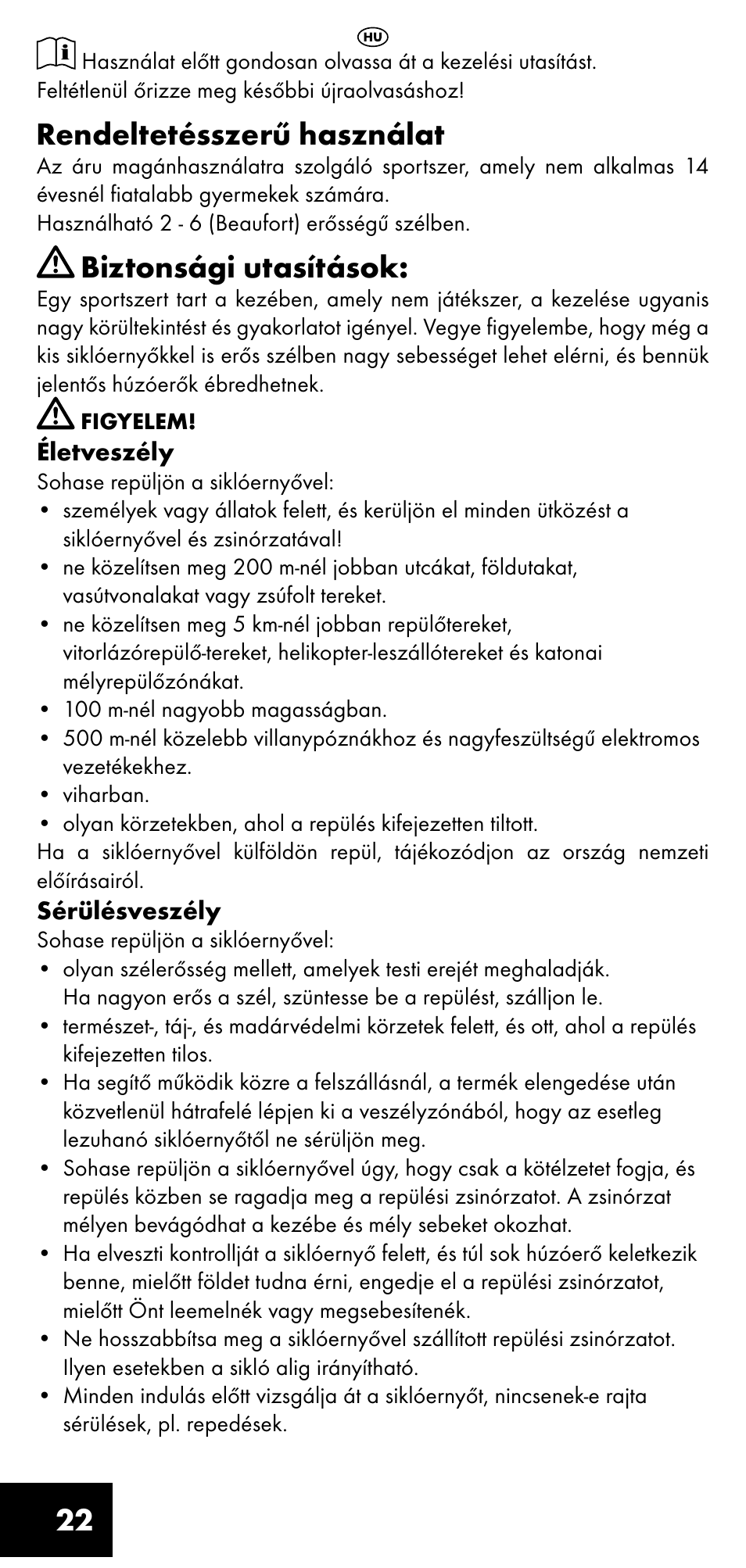 Rendeltetésszerű használat, Biztonsági utasítások | Crivit LM-1419 User Manual | Page 22 / 60