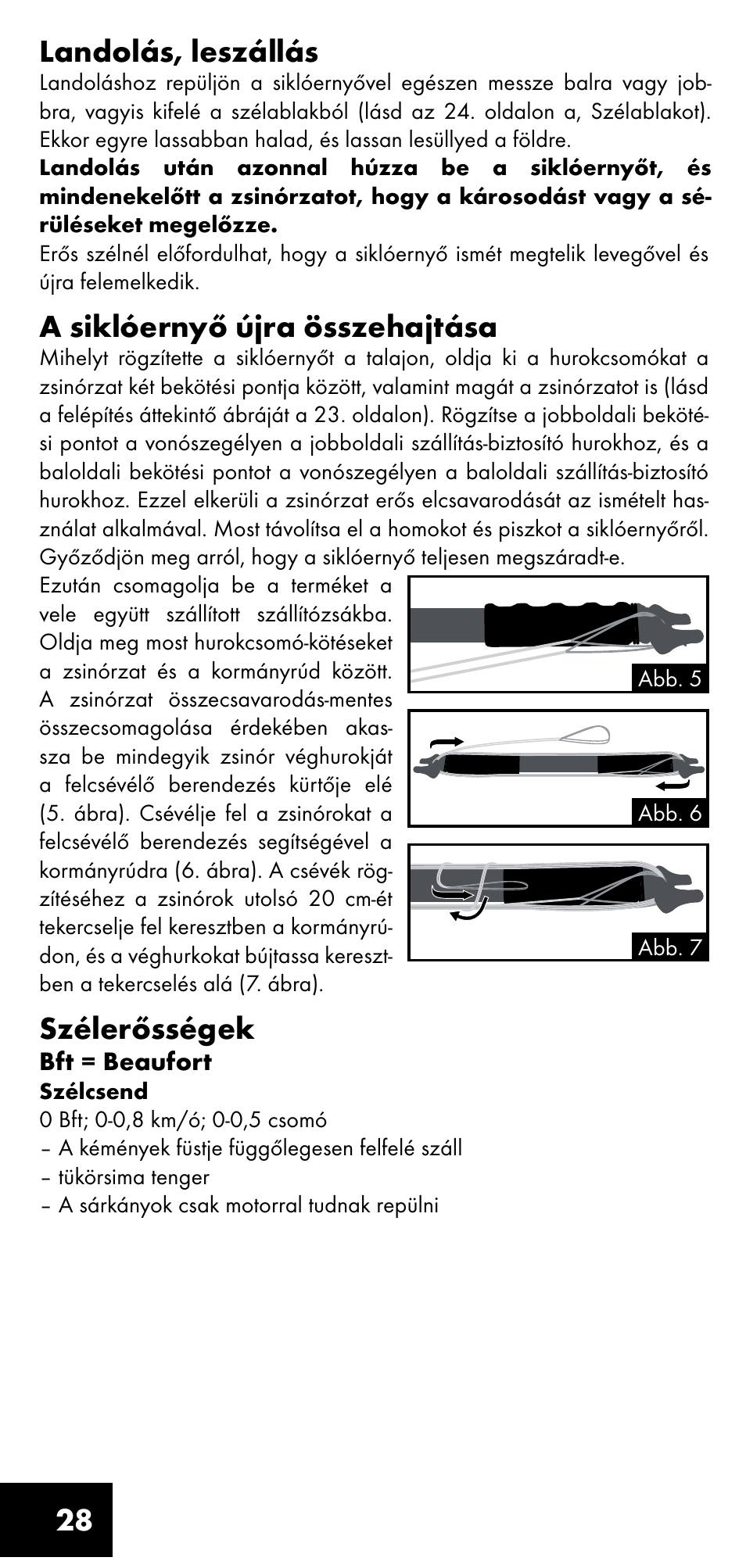 Landolás, leszállás, A siklóernyő újra összehajtása, Szélerősségek | Crivit LM-1419 User Manual | Page 28 / 60