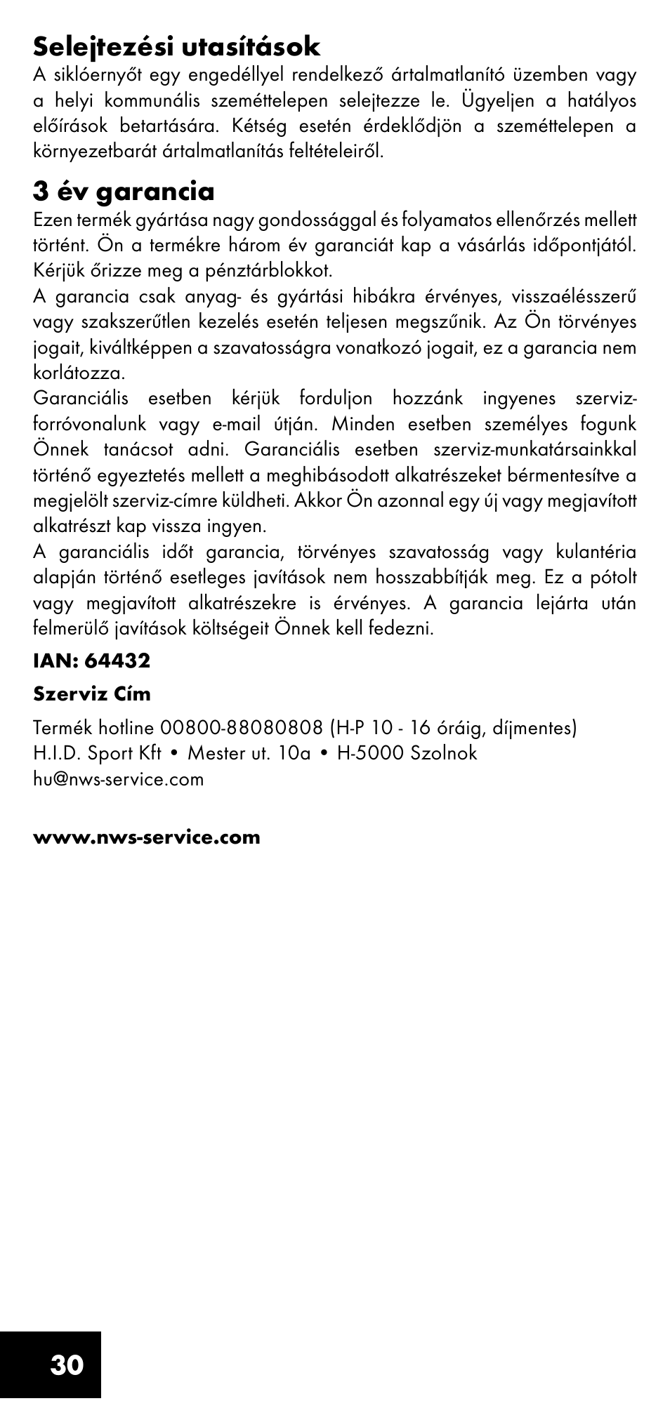 30 selejtezési utasítások, 3 év garancia | Crivit LM-1419 User Manual | Page 30 / 60