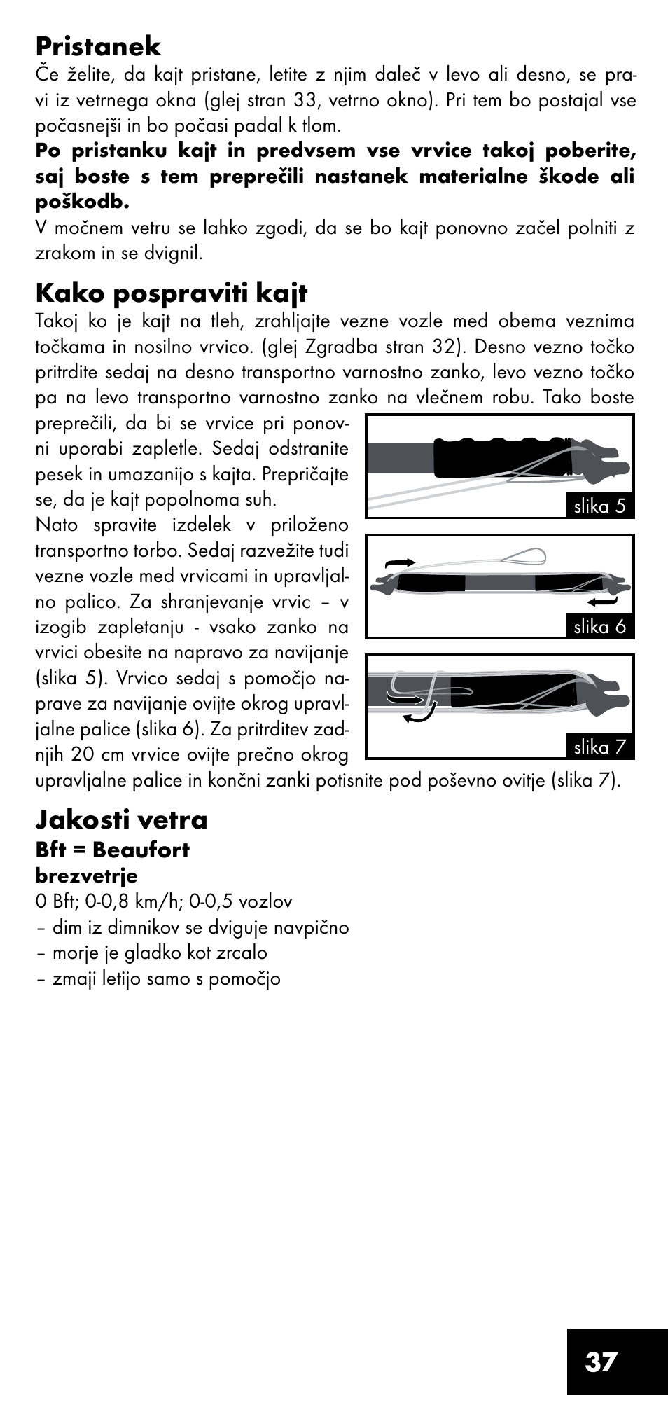 37 pristanek, Kako pospraviti kajt, Jakosti vetra | Crivit LM-1419 User Manual | Page 37 / 60