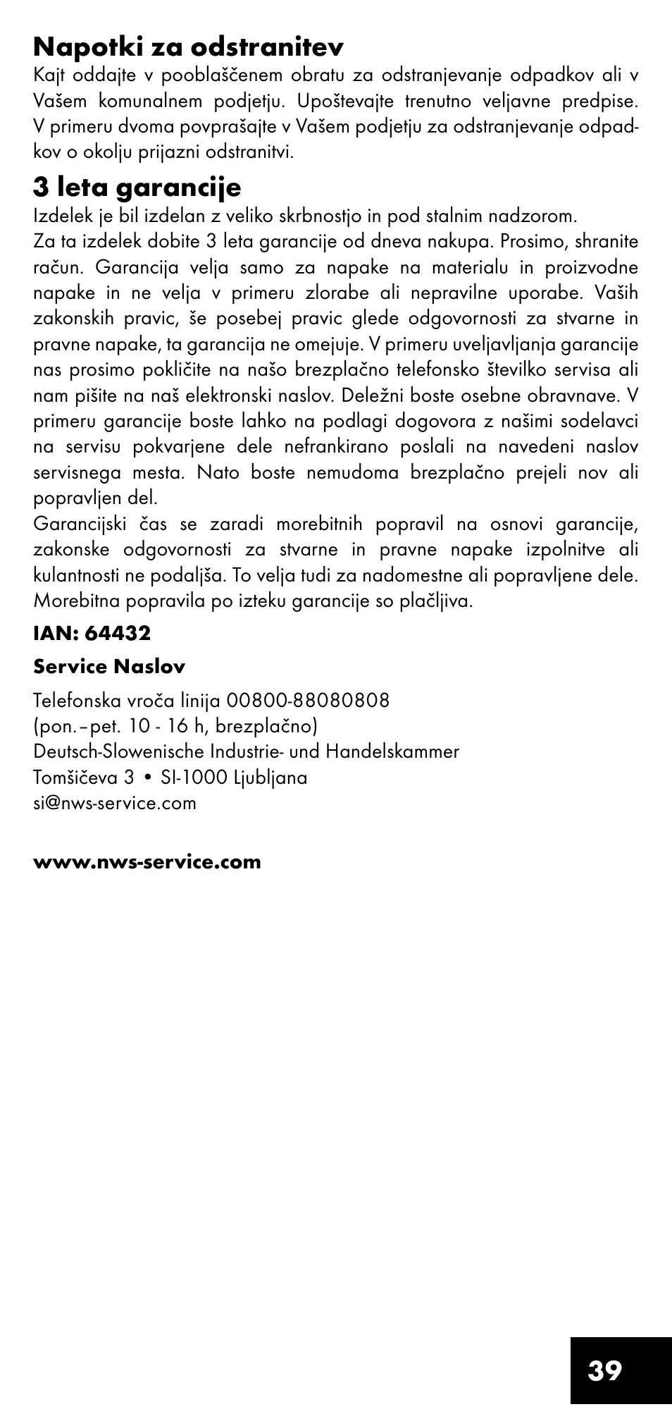 39 napotki za odstranitev, 3 leta garancije | Crivit LM-1419 User Manual | Page 39 / 60