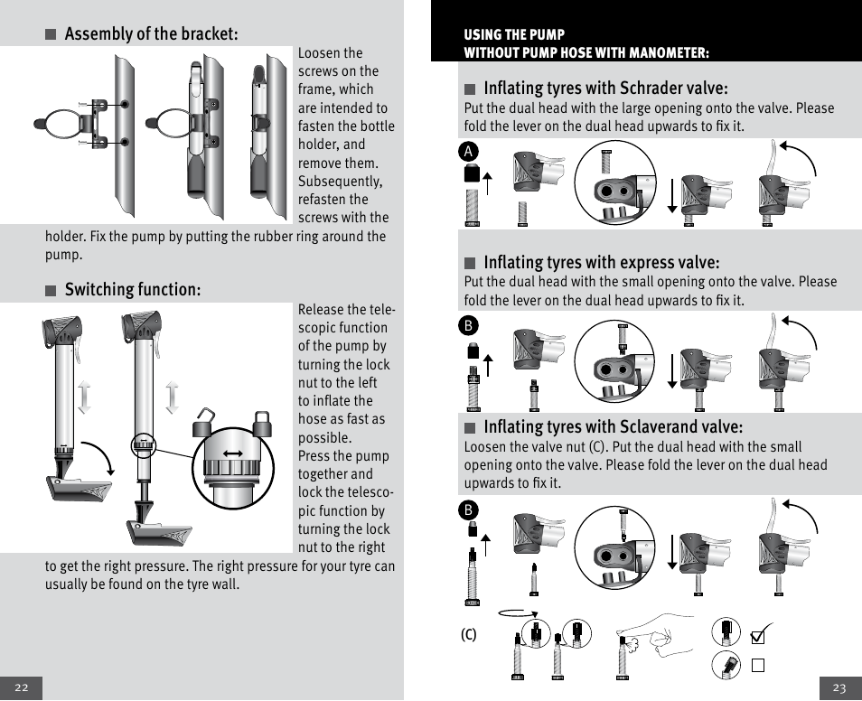 Assembly of the bracket, Switching function, Inflating tyres with schrader valve | Inflating tyres with express valve, Inflating tyres with sclaverand valve | Crivit Mini Telescopic Pump User Manual | Page 12 / 17