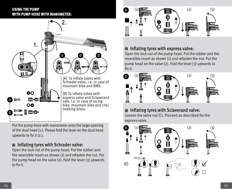 Inflating tyres with schrader valve, Inflating tyres with express valve, Inflating tyres with sclaverand valve | Crivit Mini Telescopic Pump User Manual | Page 13 / 17