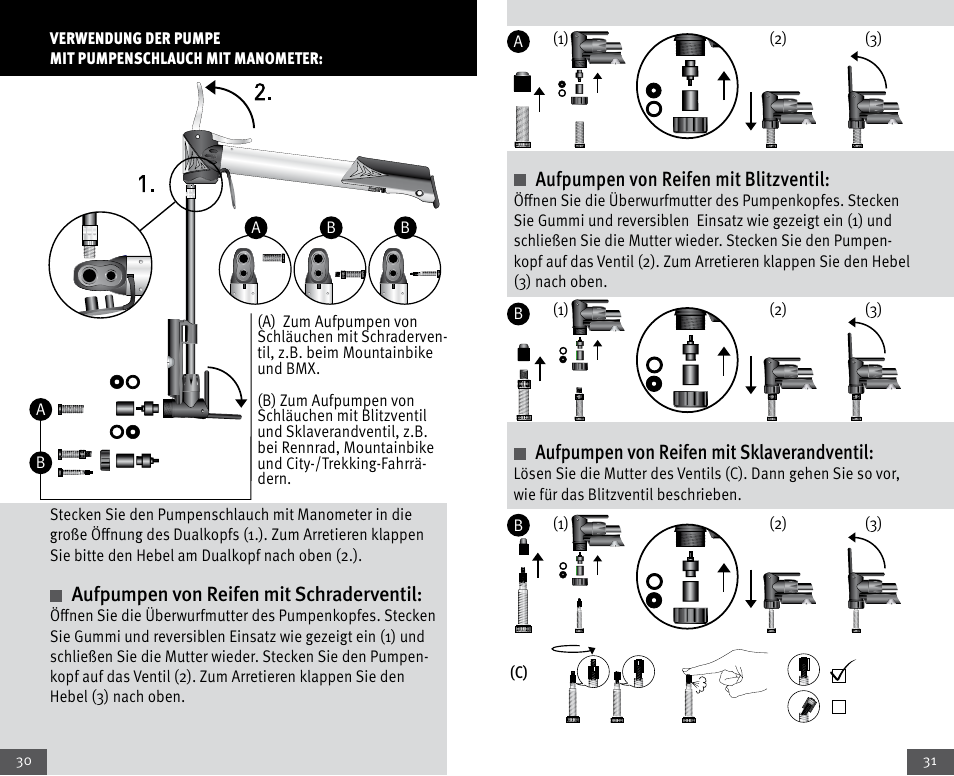 Aufpumpen von reifen mit schraderventil, Aufpumpen von reifen mit blitzventil, Aufpumpen von reifen mit sklaverandventil | Crivit Mini Telescopic Pump User Manual | Page 16 / 17