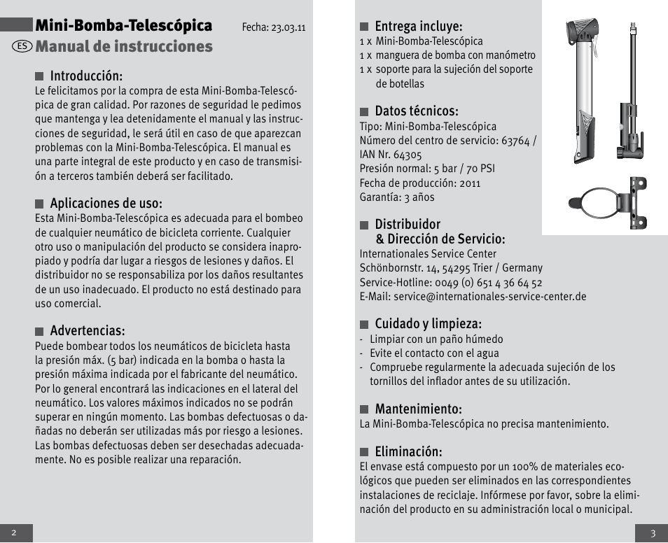 Mini-bomba-telescópica, Manual de instrucciones | Crivit Mini Telescopic Pump User Manual | Page 2 / 17
