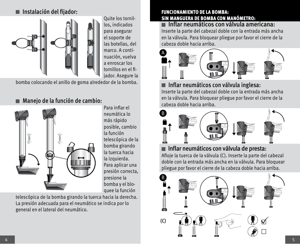 Instalación del fijador, Manejo de la función de cambio, Inflar neumáticos con válvula americana | Inflar neumáticos con válvula inglesa, Inflar neumáticos con válvula de presta | Crivit Mini Telescopic Pump User Manual | Page 3 / 17